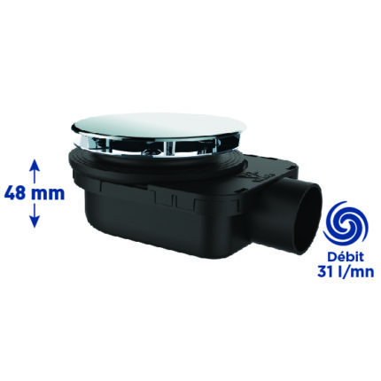 Bonde douche ultra-plate NF Ø90mm, SMART, capot serti inox, H.48mm, à coller