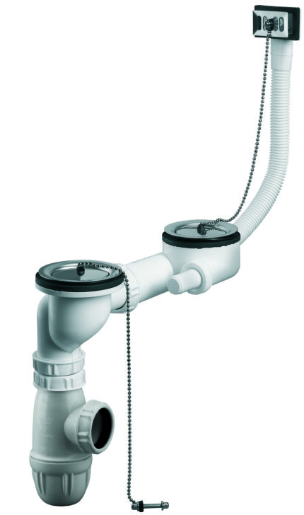 Equipement évier 2 cuves Ø60mm, bouchons inox Ø57,5mm, serrage 0 à 55mm, avec TP
