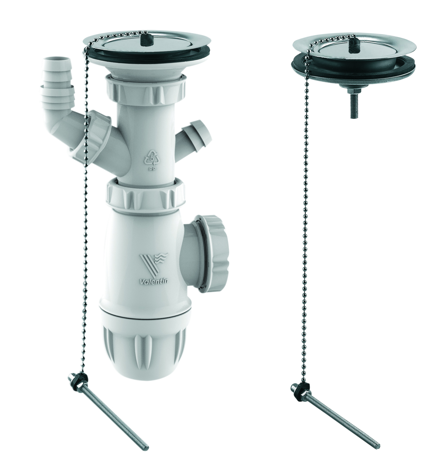 5068 Equipement évier 2 cuves communicantes Ø60mm, bouchon inox, serrage 13 à 70 – Image 1